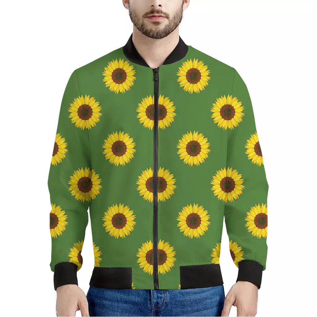 Green-Sunflower-Pattern-Print-Bomber-Jacket Green Sunflower Pattern Print Bomber Jacket