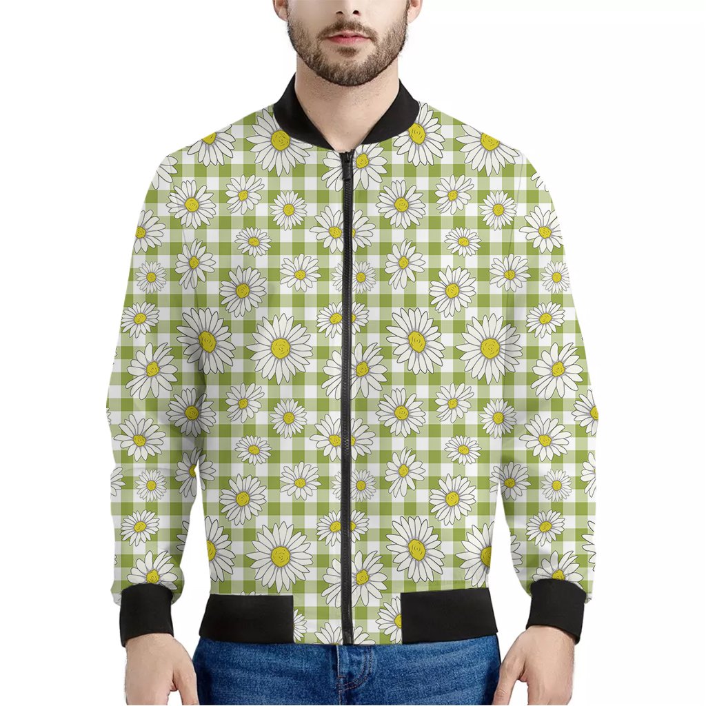 Green-Tartan-Daisy-Pattern-Print-Bomber-Jacket Green Tartan Daisy Pattern Print Bomber Jacket