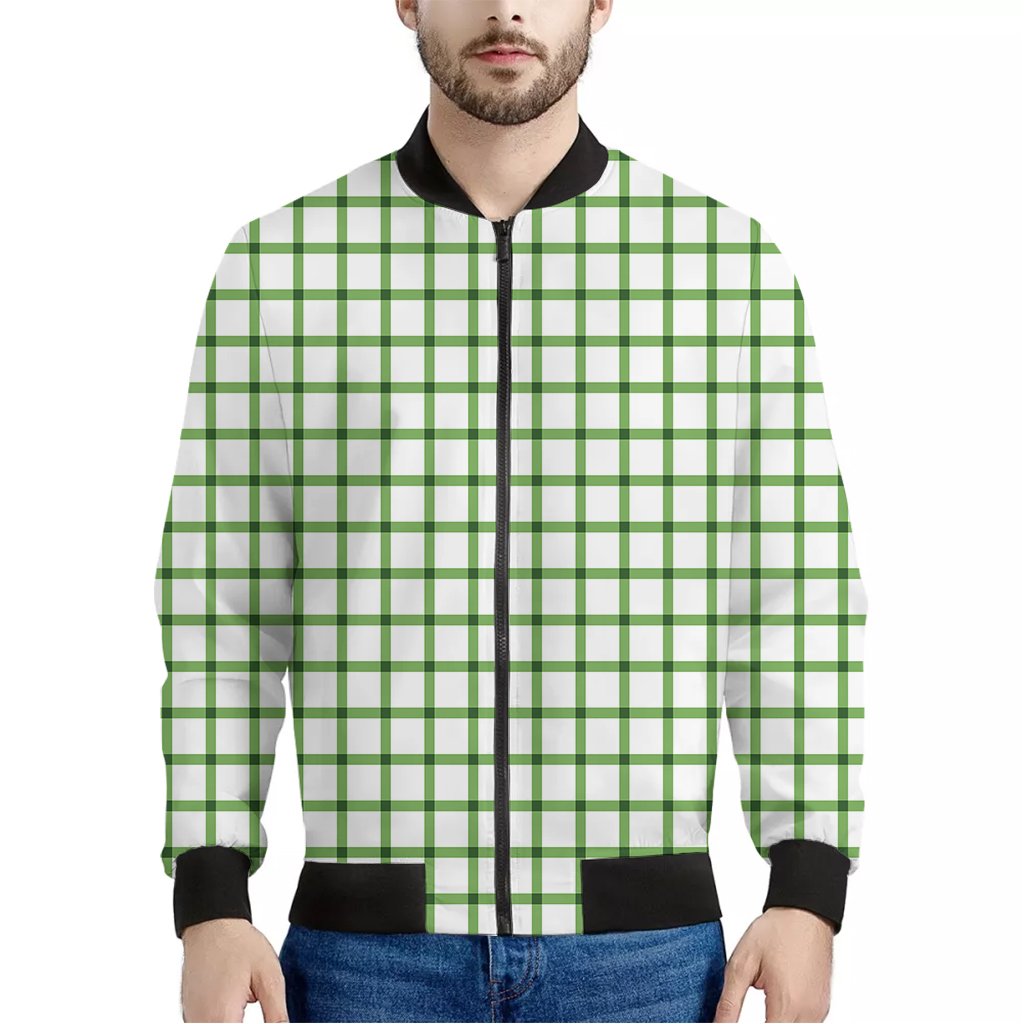 Green-Tattersall-Pattern-Print-Bomber-Jacket Green Tattersall Pattern Print Bomber Jacket