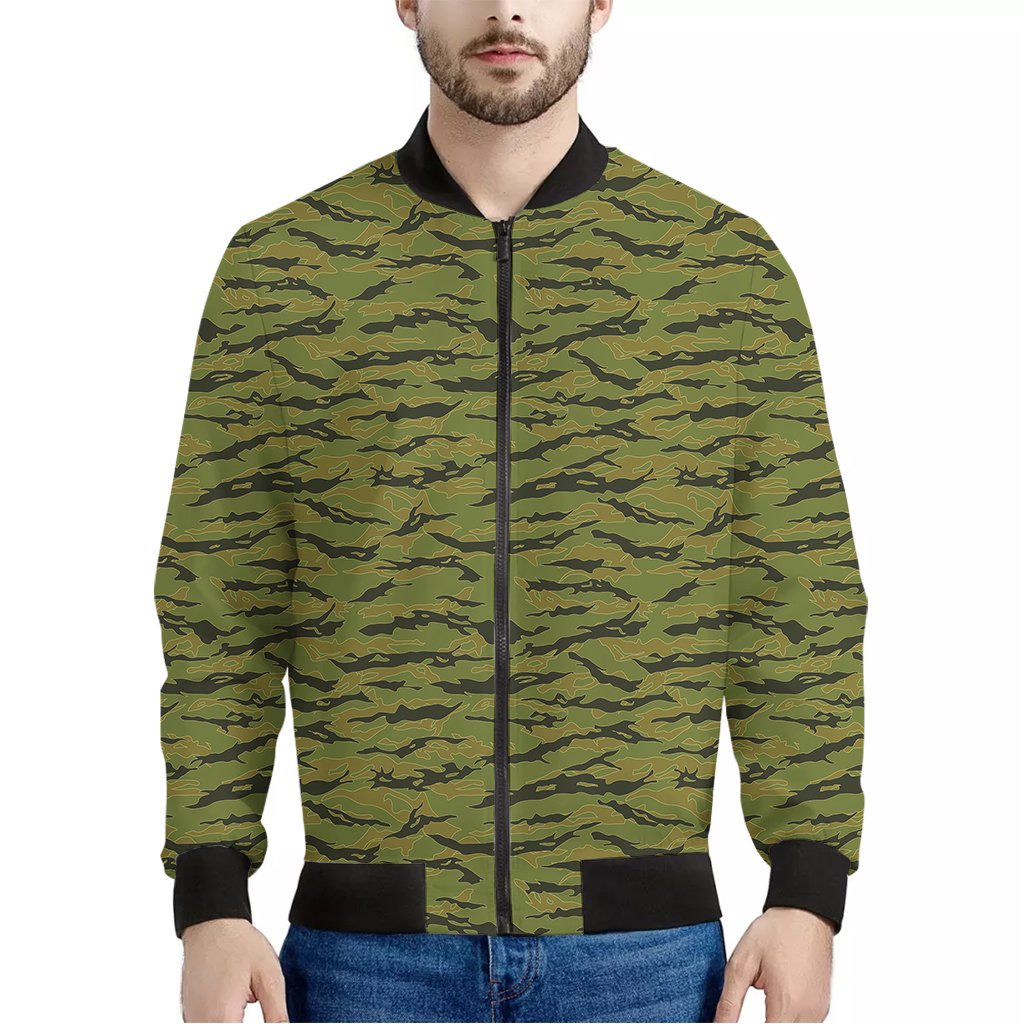 Green-Tiger-Stripe-Camo-Pattern-Print-Bomber-Jacket Green Tiger Stripe Camo Pattern Print Bomber Jacket