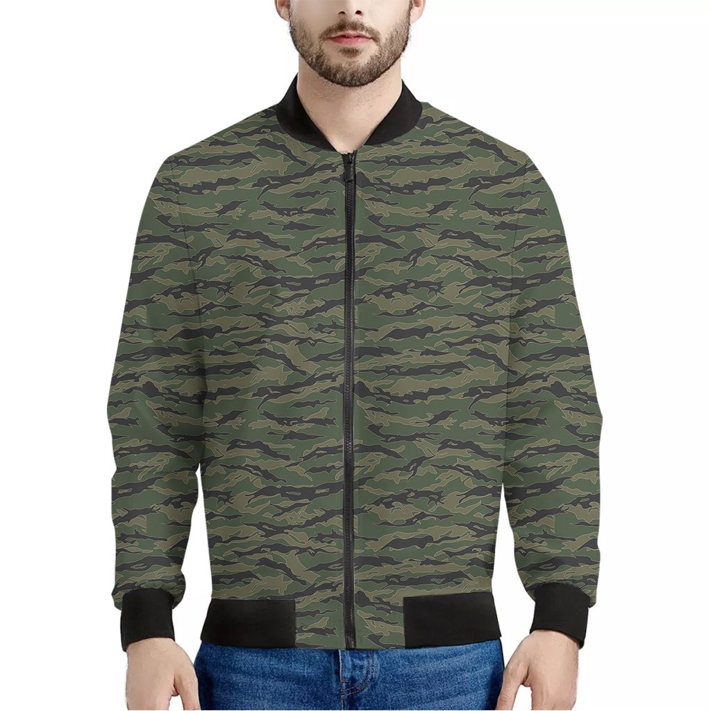 Green-Tiger-Stripe-Camouflage-Print-Bomber-Jacket Green Tiger Stripe Camouflage Print Bomber Jacket