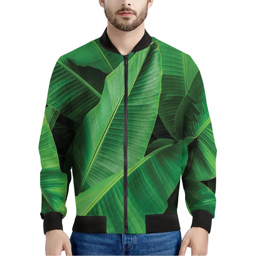 Green-Tropical-Banana-Palm-Leaf-Print-Bomber-Jacket Green Tropical Banana Palm Leaf Print Bomber Jacket