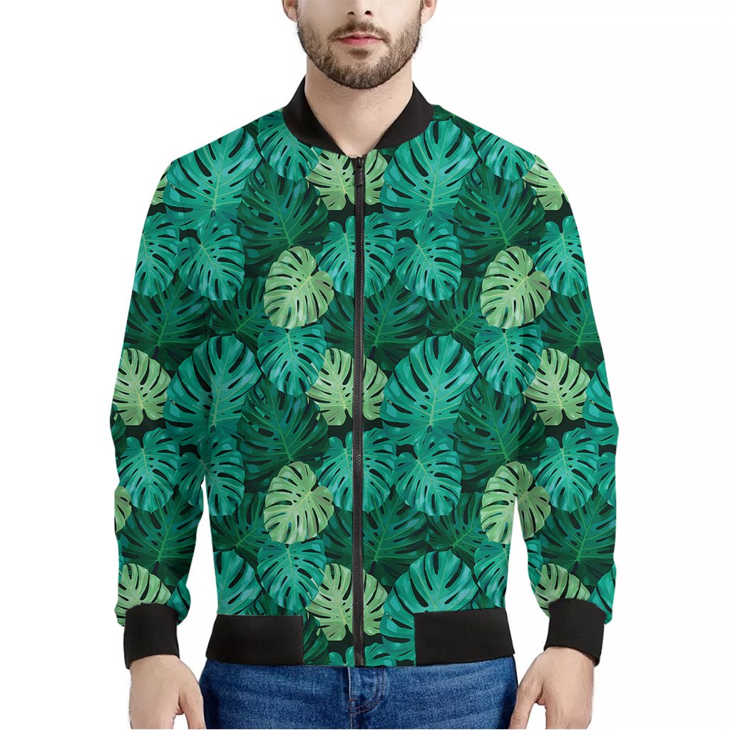 Green-Tropical-Monstera-Pattern-Print-Bomber-Jacket Green Tropical Monstera Pattern Print Bomber Jacket