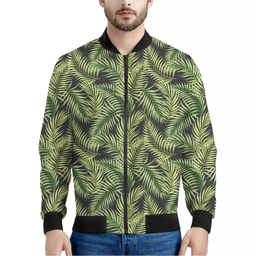 Green-Tropical-Palm-Leaf-Pattern-Print-Bomber-Jacket Green Tropical Palm Leaf Pattern Print Bomber Jacket