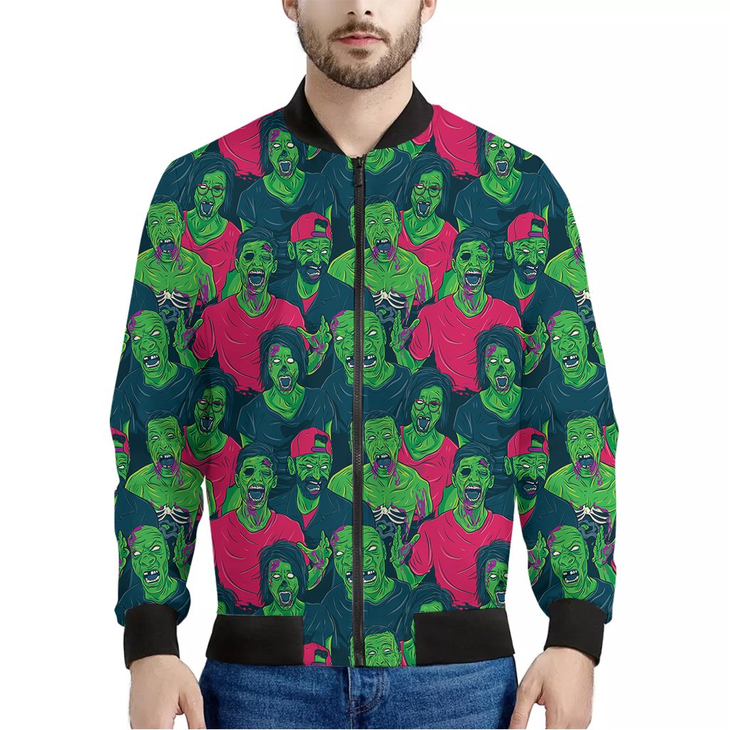 Green-Walking-Zombie-Print-Bomber-Jacket Green Walking Zombie Print Bomber Jacket