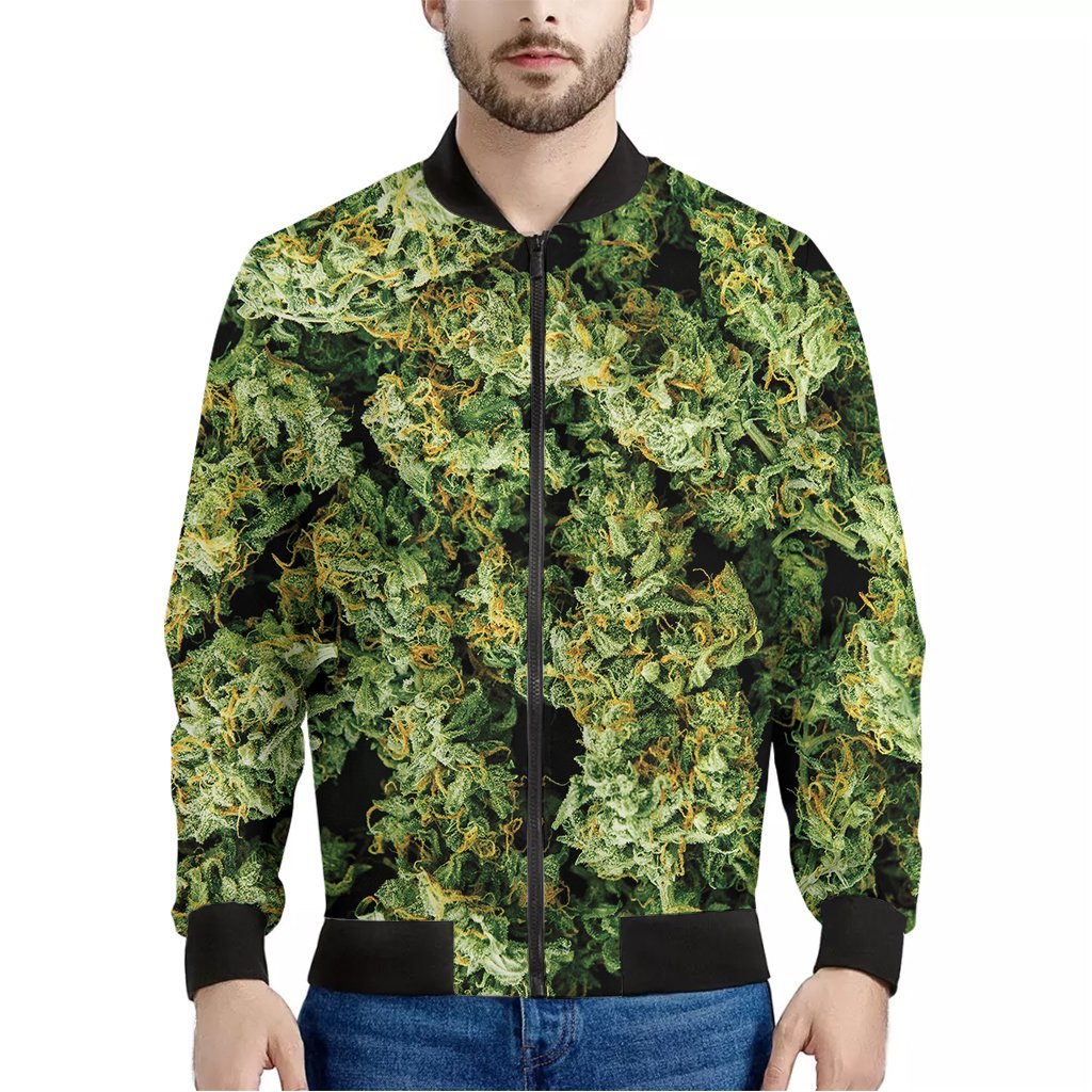 Green-Weed-Print-Bomber-Jacket Green Weed Print Bomber Jacket