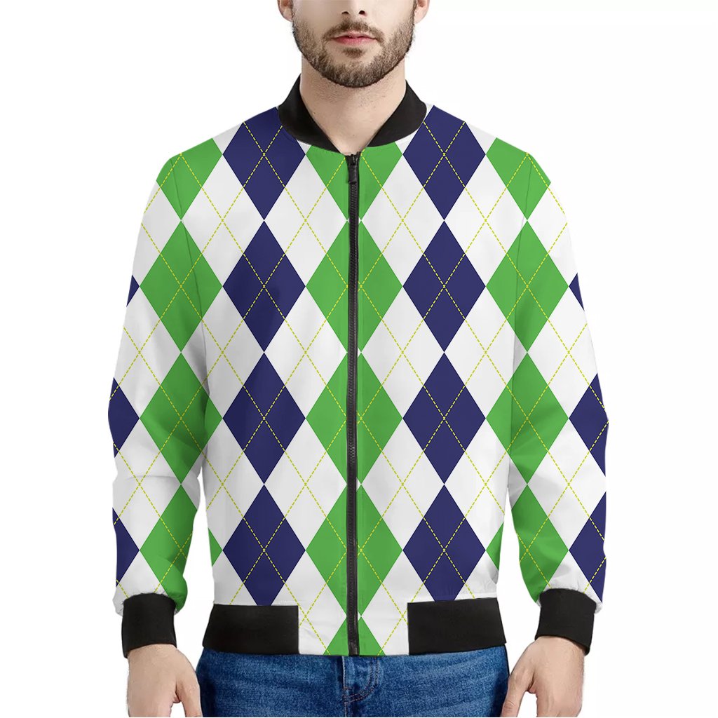 Green-White-And-Navy-Argyle-Print-Bomber-Jacket Green White And Navy Argyle Print Bomber Jacket
