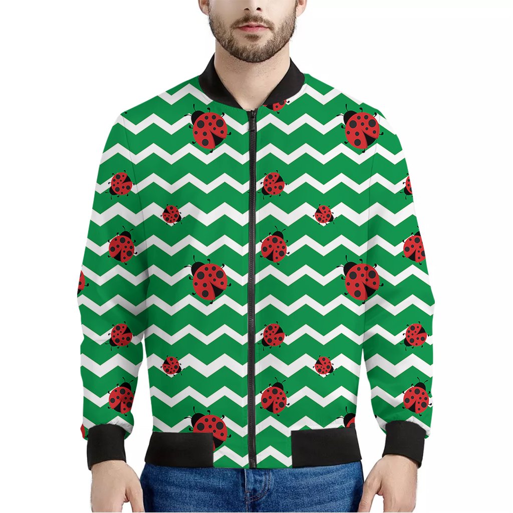 Green-Zigzag-Ladybird-Pattern-Print-Bomber-Jacket Green Zigzag Ladybird Pattern Print Bomber Jacket