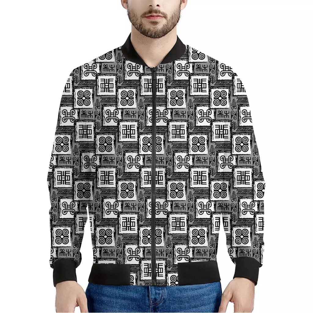 Grey-African-Adinkra-Symbols-Print-Bomber-Jacket Grey African Adinkra Symbols Print Bomber Jacket