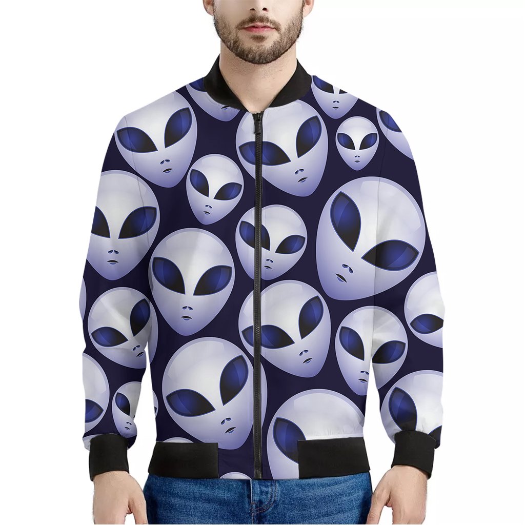 Grey-Alien-Face-Pattern-Print-Bomber-Jacket Grey Alien Face Pattern Print Bomber Jacket