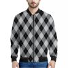 Grey And Black Argyle Pattern Print Bomber Jacket