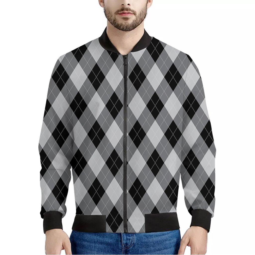 Grey-And-Black-Argyle-Pattern-Print-Bomber-Jacket Grey And Black Argyle Pattern Print Bomber Jacket