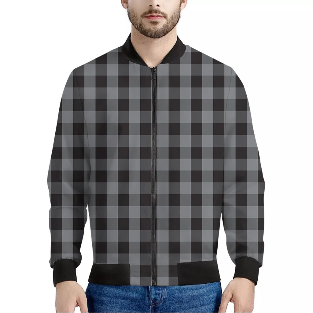 Grey-And-Black-Check-Pattern-Print-Bomber-Jacket Grey And Black Check Pattern Print Bomber Jacket