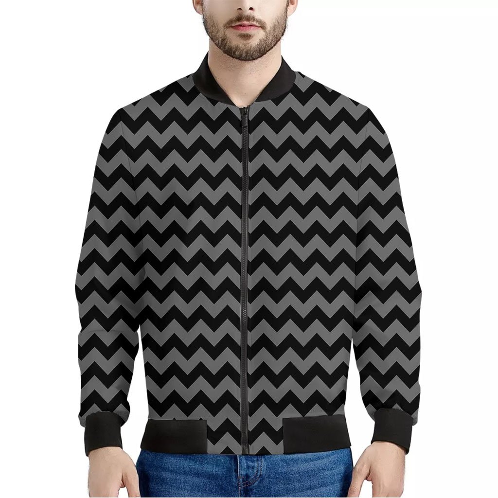 Grey-And-Black-Chevron-Pattern-Print-Bomber-Jacket Grey And Black Chevron Pattern Print Bomber Jacket