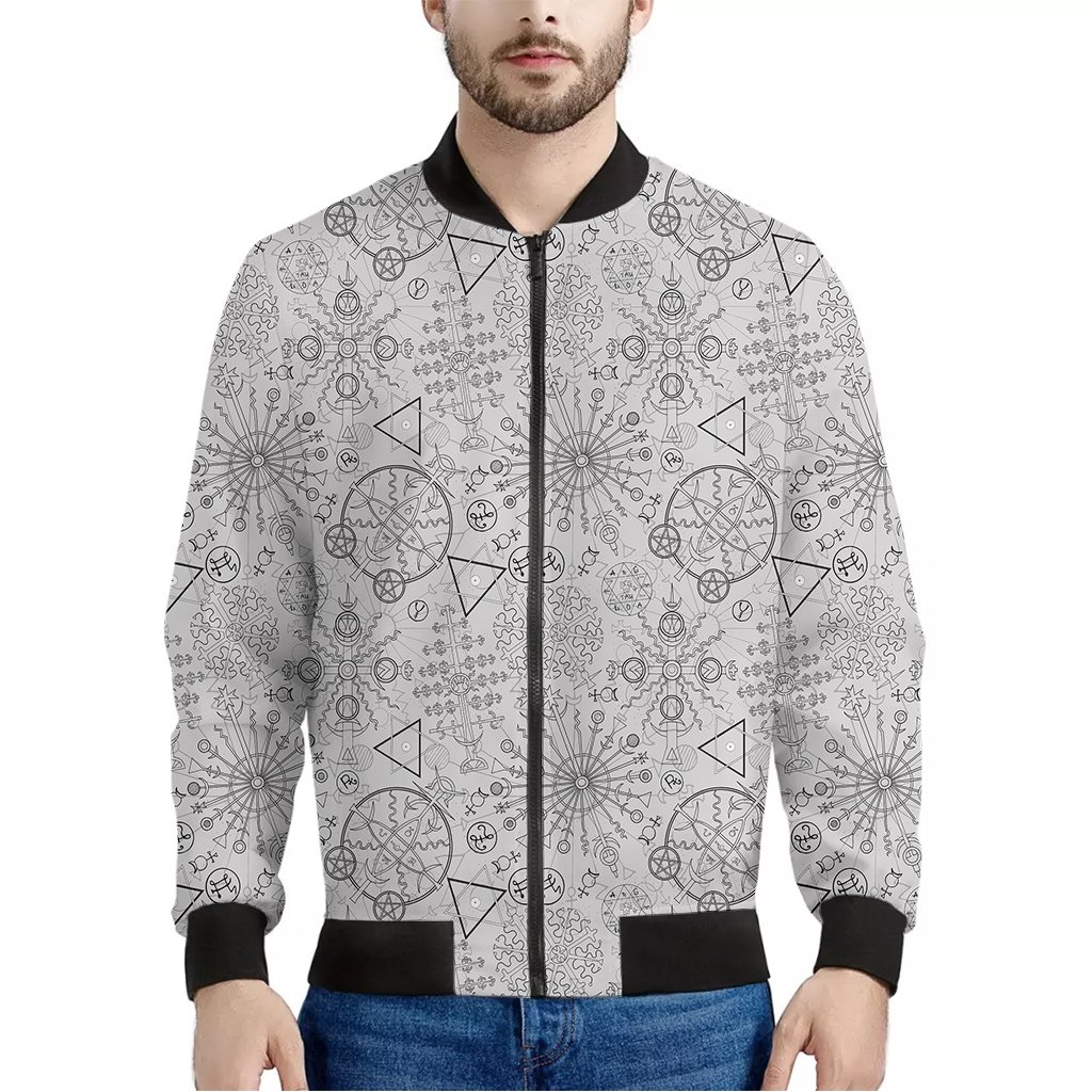 Grey-And-Black-Mystical-Wiccan-Print-Bomber-Jacket Grey And Black Mystical Wiccan Print Bomber Jacket