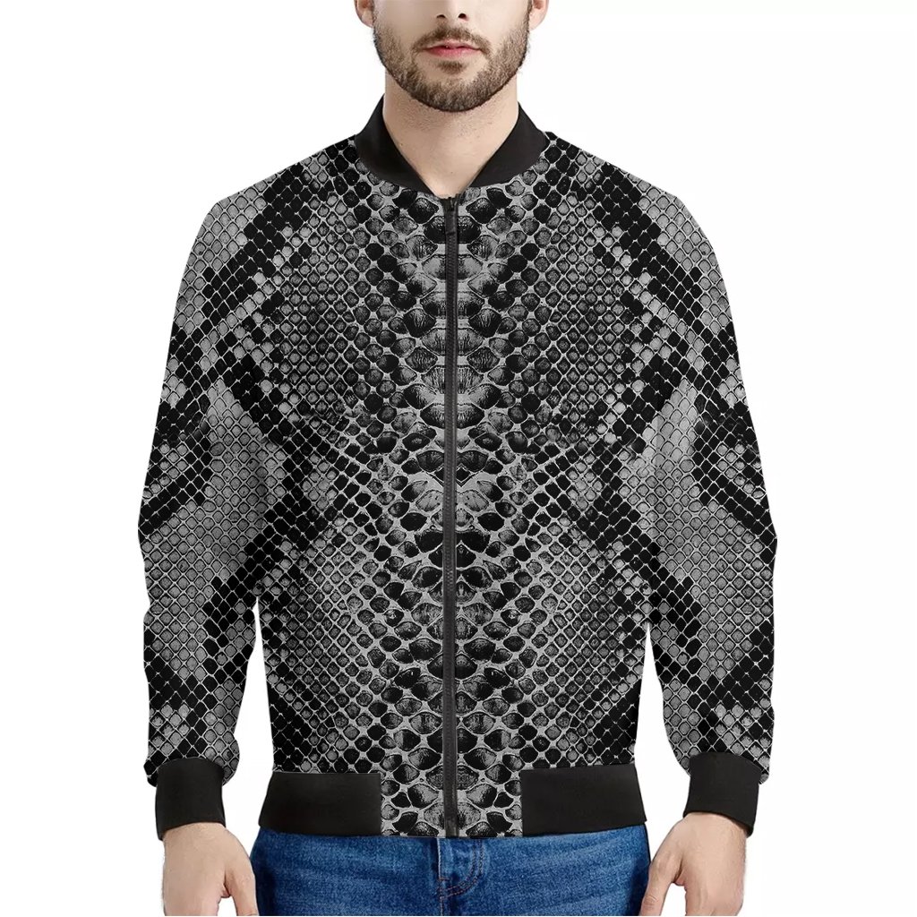 Grey-And-Black-Snakeskin-Print-Bomber-Jacket Grey And Black Snakeskin Print Bomber Jacket