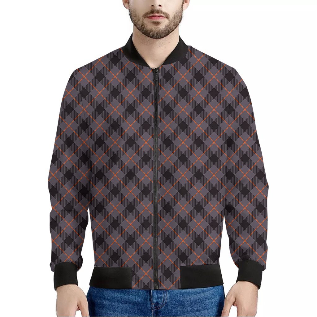 Grey-And-Orange-Plaid-Pattern-Print-Bomber-Jacket Grey And Orange Plaid Pattern Print Bomber Jacket