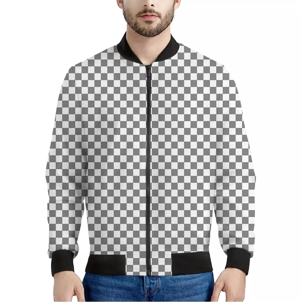 Grey-And-White-Checkered-Pattern-Print-Bomber-Jacket Grey And White Checkered Pattern Print Bomber Jacket