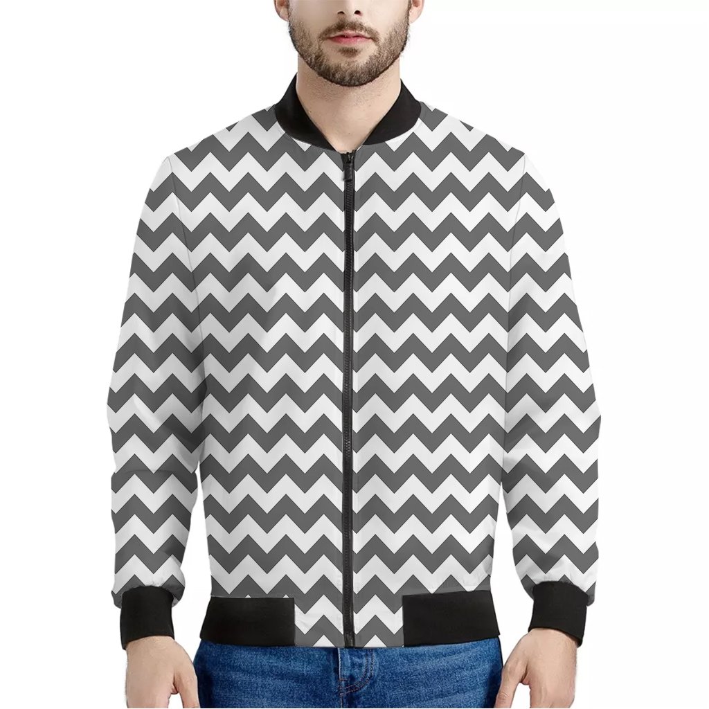Grey-And-White-Chevron-Pattern-Print-Bomber-Jacket Grey And White Chevron Pattern Print Bomber Jacket