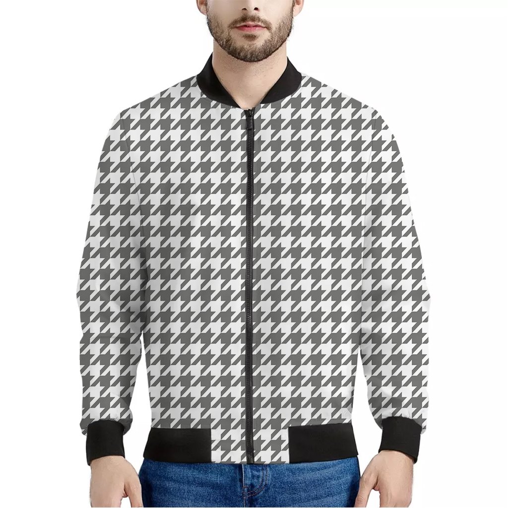 Grey-And-White-Houndstooth-Pattern-Print-Bomber-Jacket Grey And White Houndstooth Pattern Print Bomber Jacket