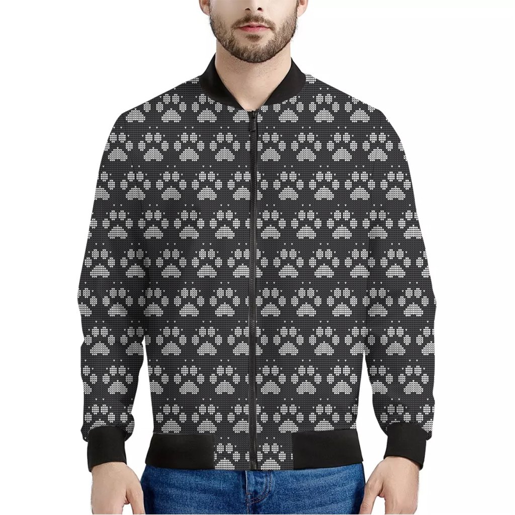 Grey-And-White-Paw-Knitted-Pattern-Print-Bomber-Jacket Grey And White Paw Knitted Pattern Print Bomber Jacket