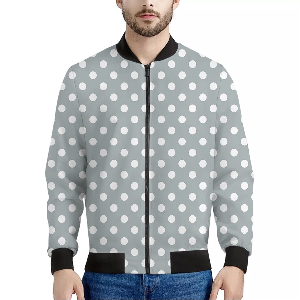 Grey-And-White-Polka-Dot-Pattern-Print-Bomber-Jacket Grey And White Polka Dot Pattern Print Bomber Jacket