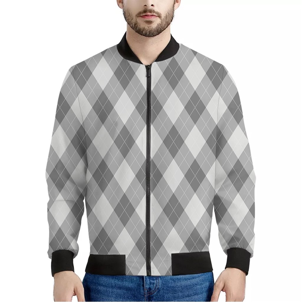 Grey-Argyle-Pattern-Print-Bomber-Jacket Grey Argyle Pattern Print Bomber Jacket