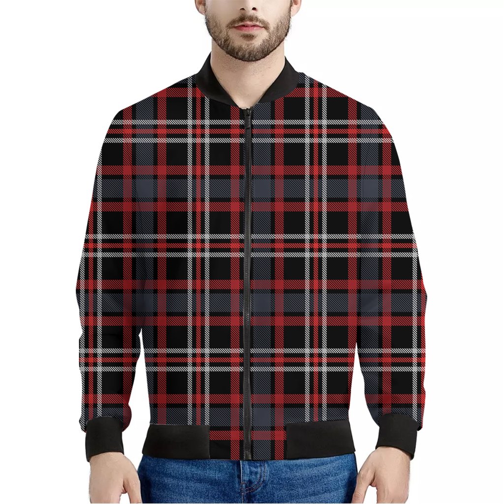 Grey-Black-And-Red-Scottish-Plaid-Print-Bomber-Jacket Grey Black And Red Scottish Plaid Print Bomber Jacket