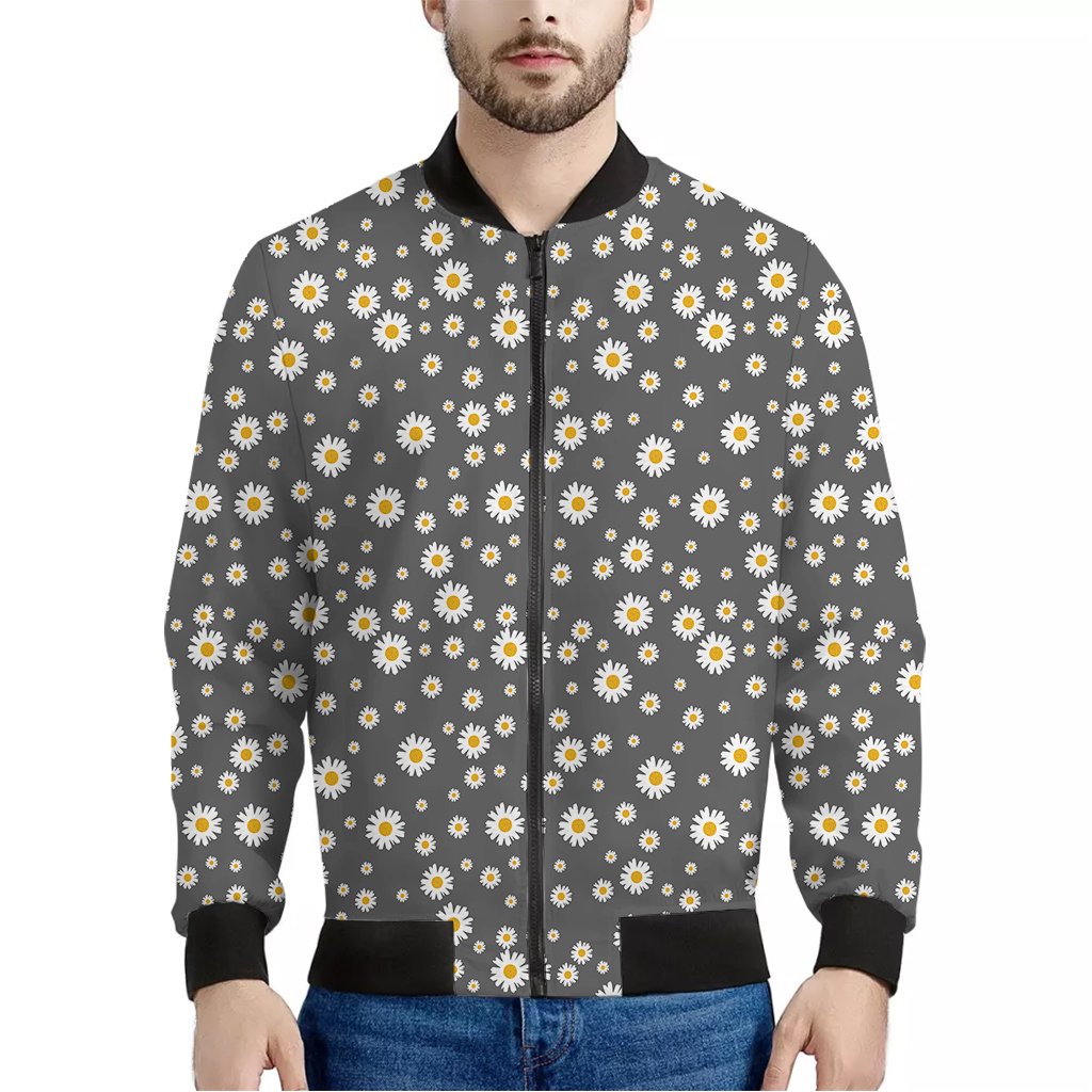 Grey-Daisy-Floral-Pattern-Print-Bomber-Jacket Grey Daisy Floral Pattern Print Bomber Jacket