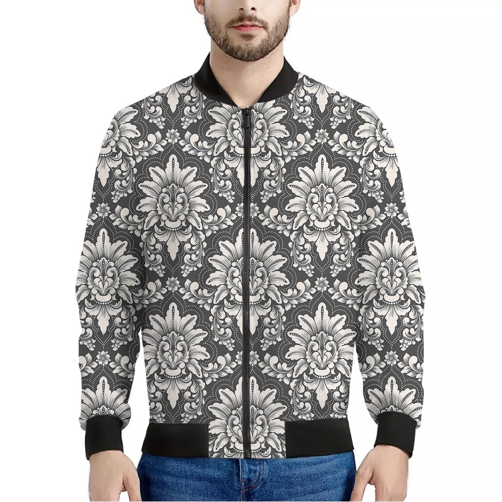 Grey-Damask-Pattern-Print-Bomber-Jacket Grey Damask Pattern Print Bomber Jacket