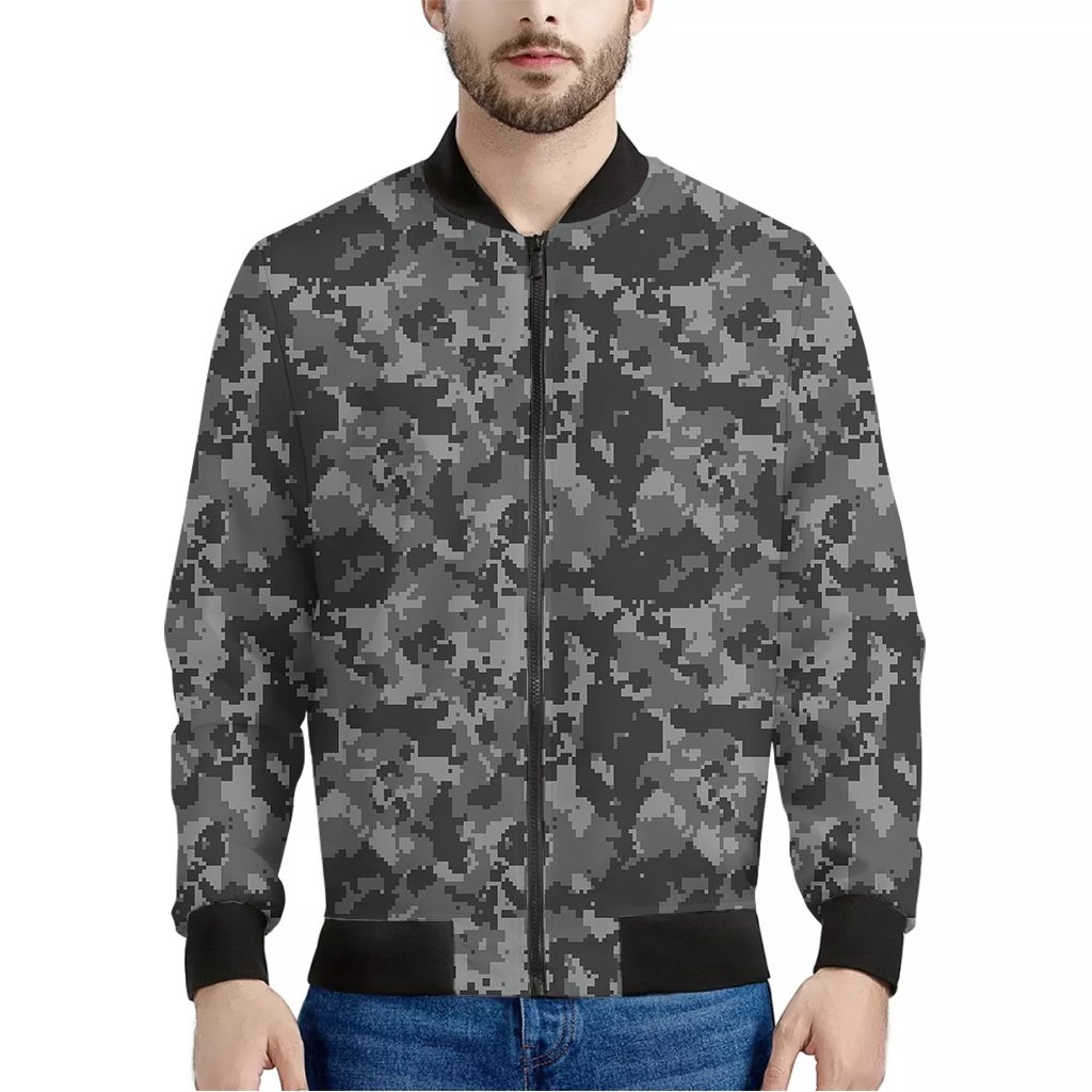 Grey-Digital-Camo-Pattern-Print-Bomber-Jacket Grey Digital Camo Pattern Print Bomber Jacket