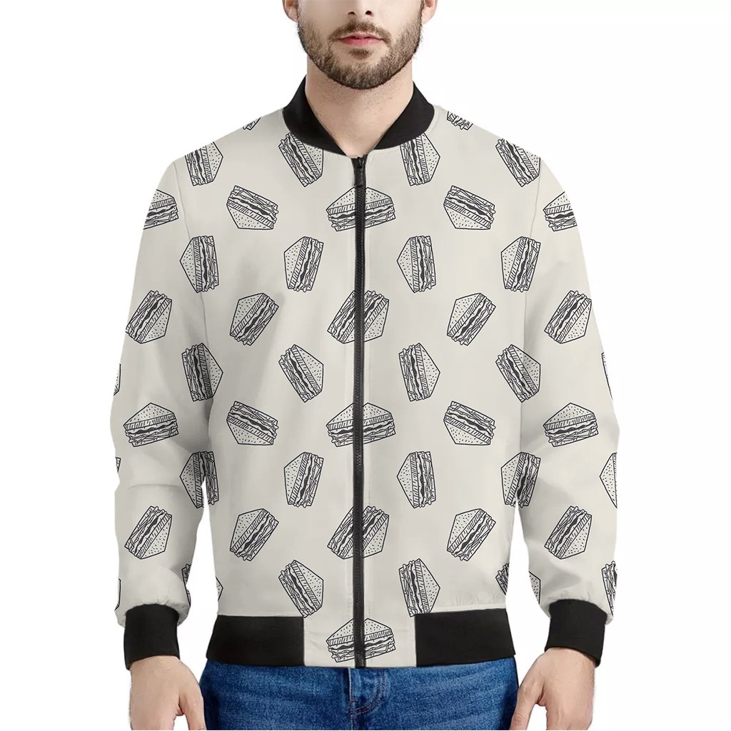 Grey-Doodle-Sandwich-Pattern-Print-Bomber-Jacket Grey Doodle Sandwich Pattern Print Bomber Jacket