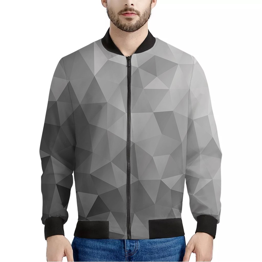 Grey-Polygonal-Geometric-Print-Bomber-Jacket Grey Polygonal Geometric Print Bomber Jacket