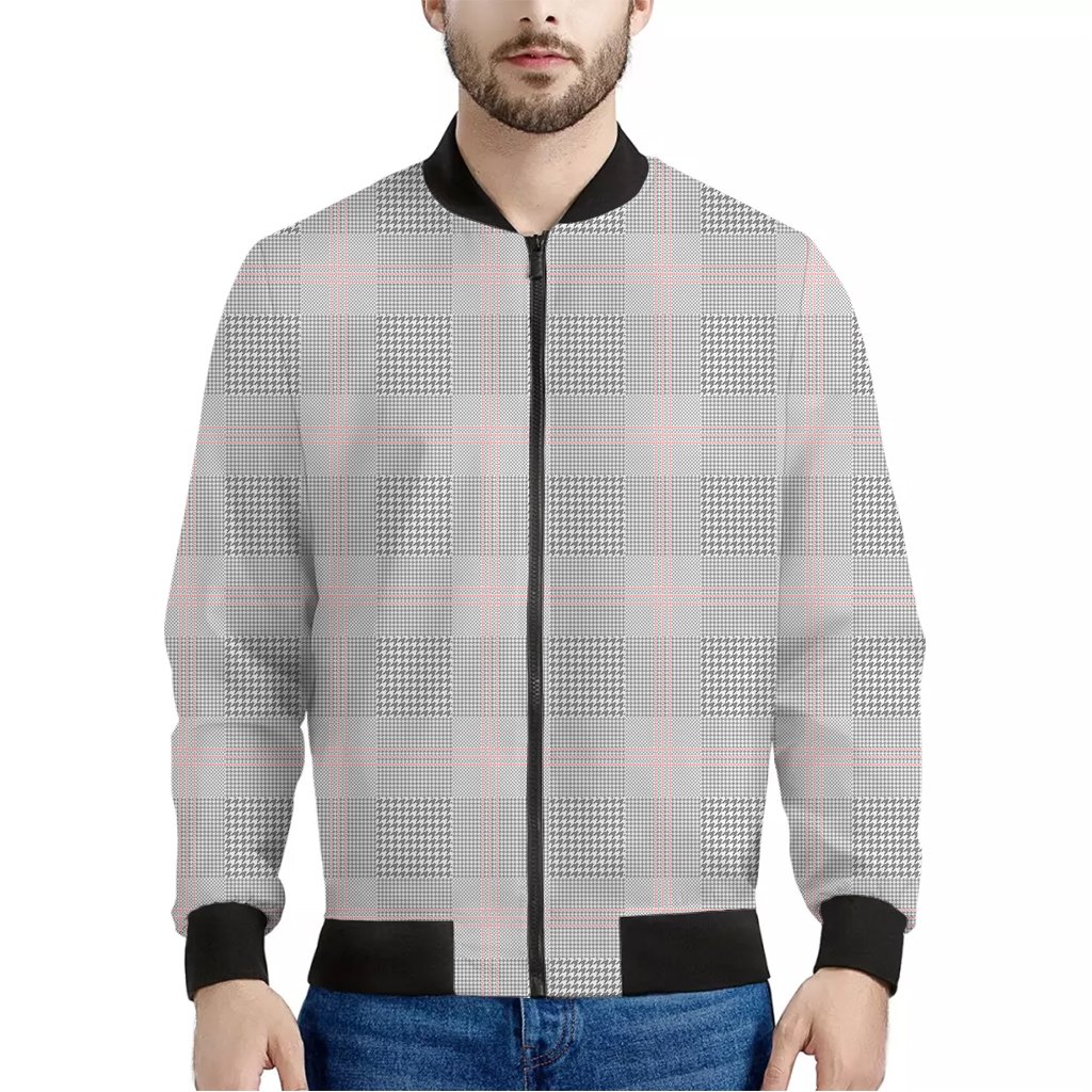 Grey-Prince-of-Wales-Check-Print-Bomber-Jacket Grey Prince of Wales Check Print Bomber Jacket