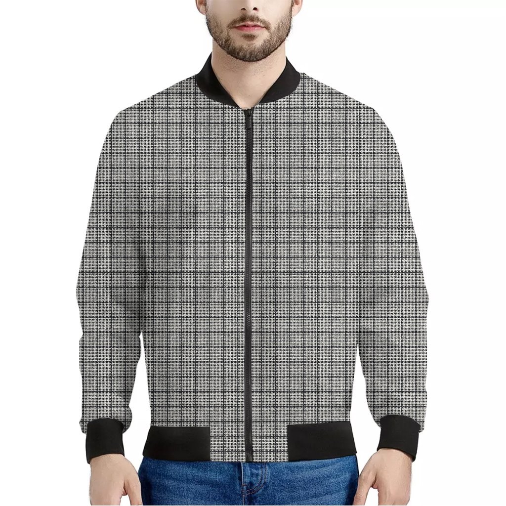 Grey-Windowpane-Pattern-Print-Bomber-Jacket Grey Windowpane Pattern Print Bomber Jacket