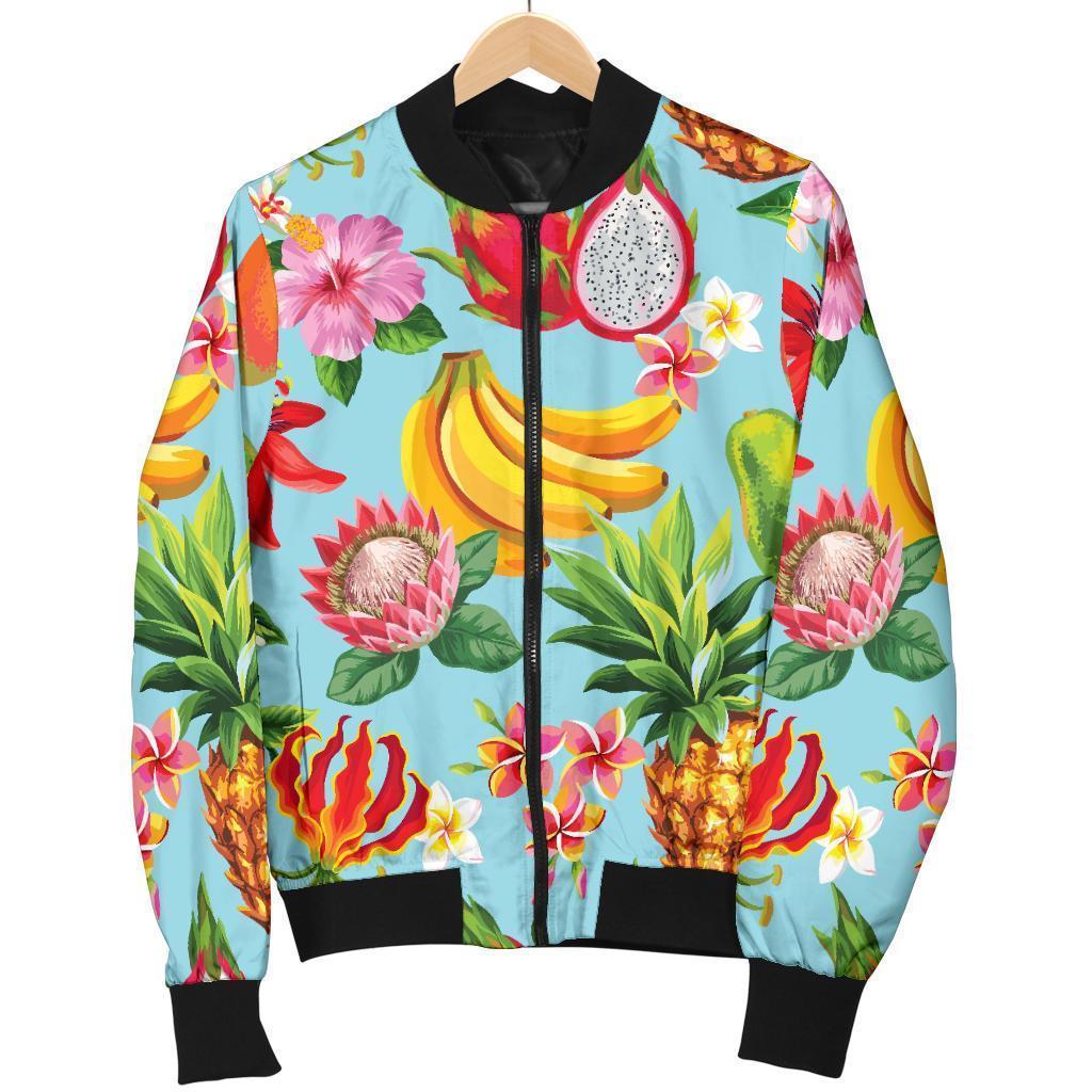 Hawaiian-Tropical-Fruits-Pattern-Print-Bomber-Jacket Hawaiian Tropical Fruits Pattern Print Bomber Jacket