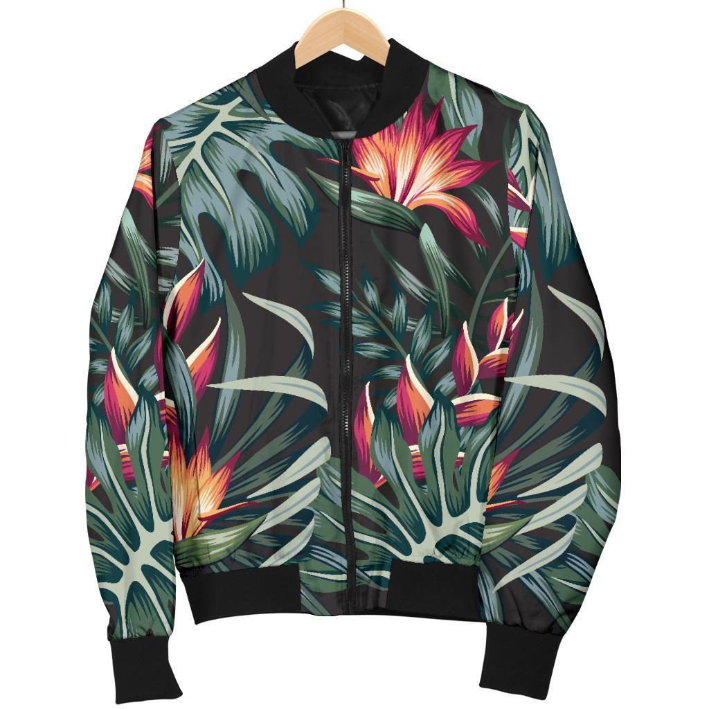 Hawaiian-Tropical-Plants-Pattern-Print-Bomber-Jacket Hawaiian Tropical Plants Pattern Print Bomber Jacket