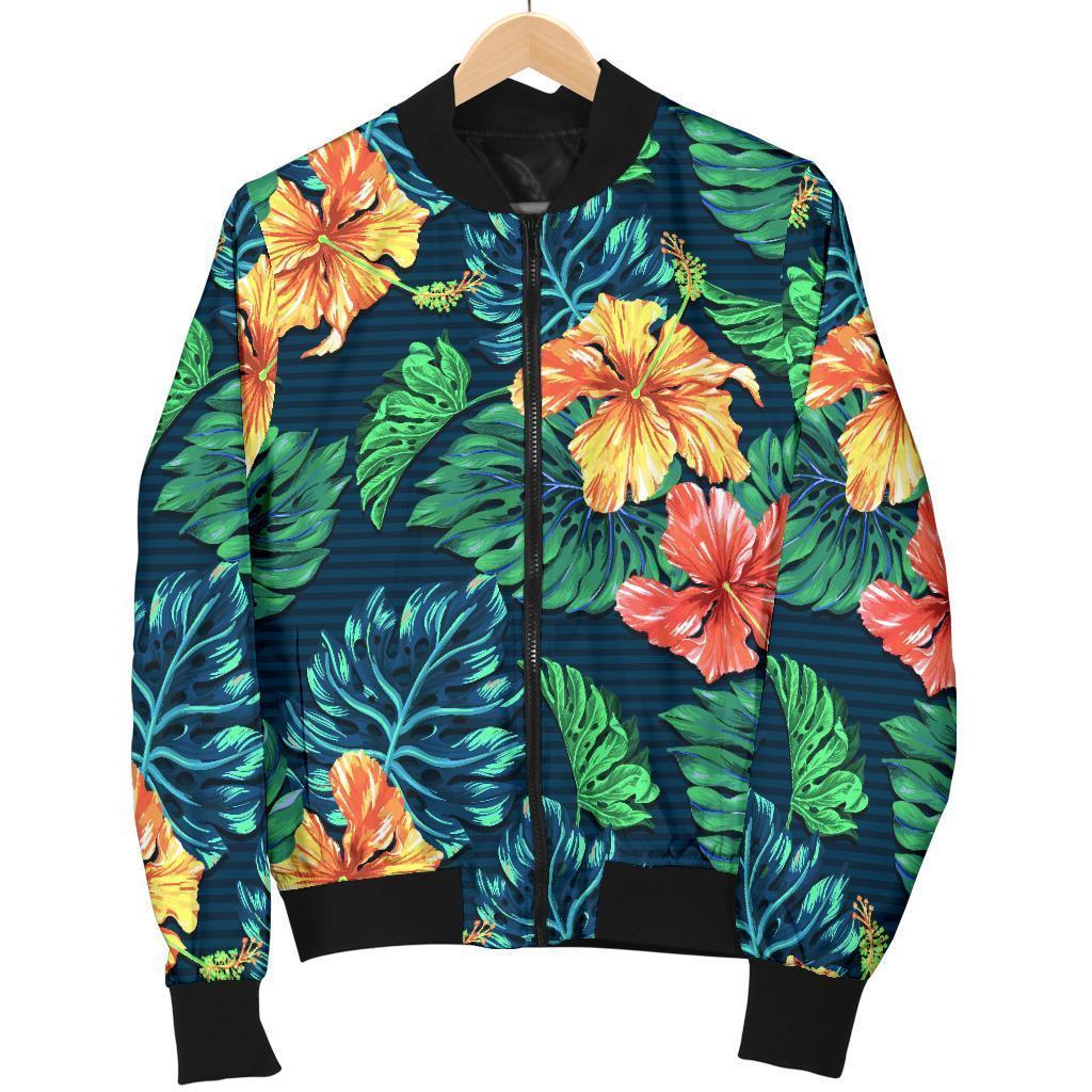 Hibiscus-Monstera-Hawaii-Pattern-Print-Bomber-Jacket Hibiscus Monstera Hawaii Pattern Print Bomber Jacket