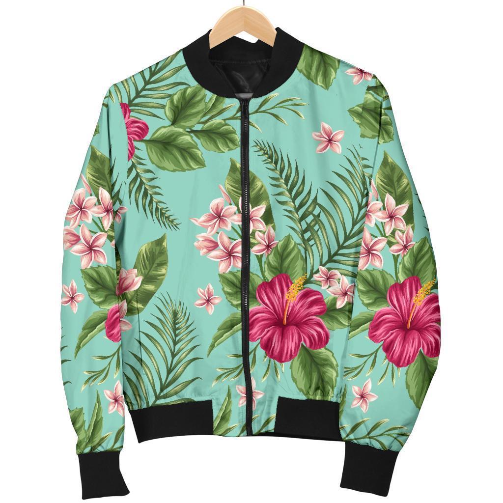 Hibiscus-Plumeria-Flowers-Pattern-Print-Bomber-Jacket Hibiscus Plumeria Flowers Pattern Print Bomber Jacket