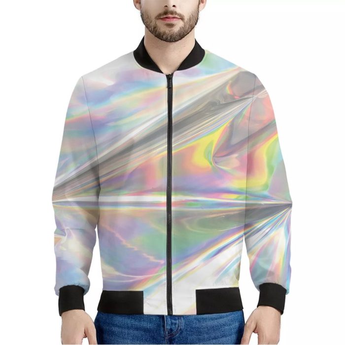 Holographic Foil Print Bomber Jacket