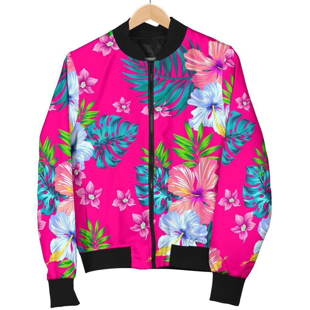 Hot-Pink-Aloha-Hibiscus-Pattern-Print-Bomber-Jacket Hot Pink Aloha Hibiscus Pattern Print Bomber Jacket