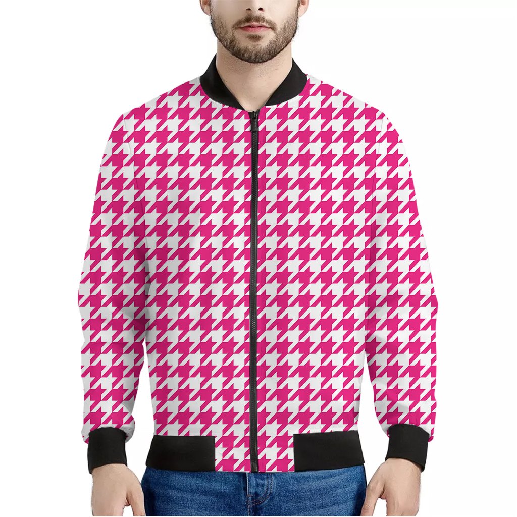 Hot Pink And White Houndstooth Print Bomber Jacket We sell presents