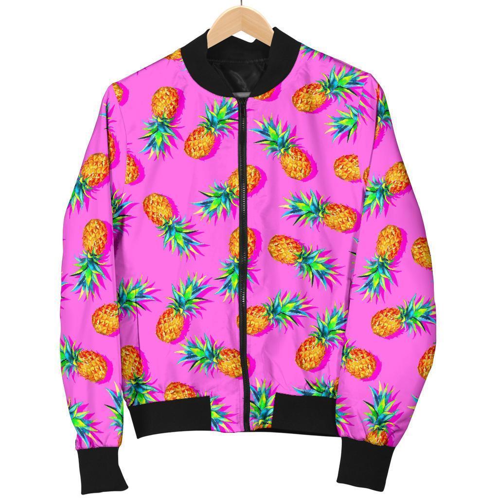 Hot-Pink-Pineapple-Pattern-Print-Bomber-Jacket Hot Pink Pineapple Pattern Print Bomber Jacket