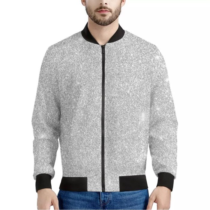 Light Silver Glitter Texture Print Bomber Jacket