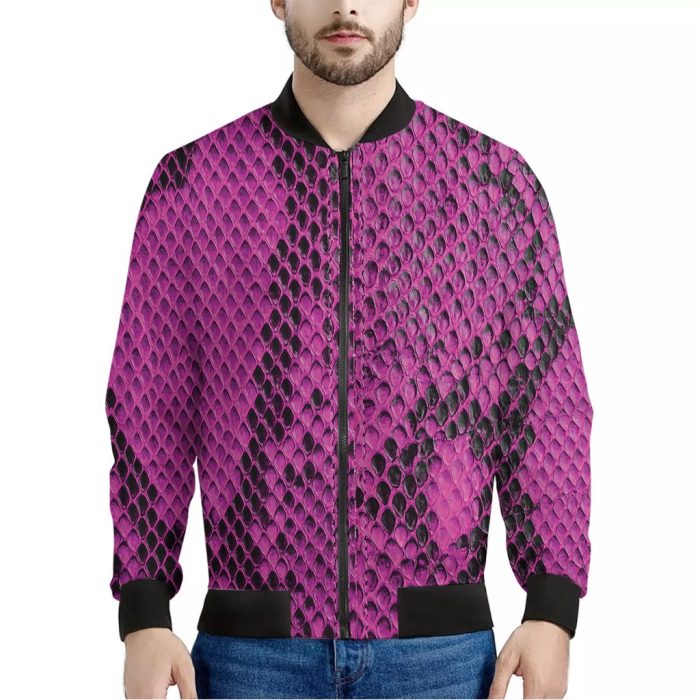 Magenta Pink And Black Snakeskin Print Bomber Jacket