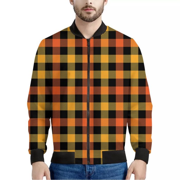 Orange And Black Buffalo Plaid Print Bomber Jacket