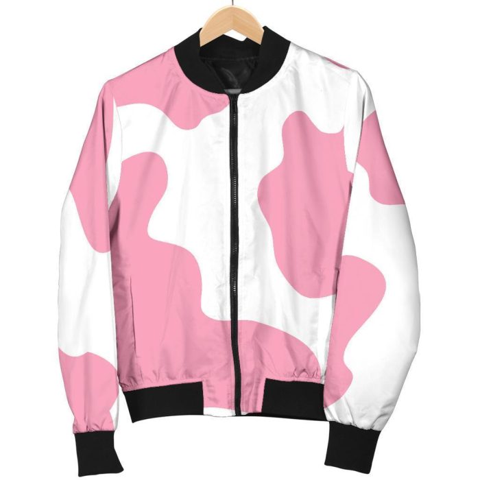 Pastel Pink And White Cow Print Bomber Jacket