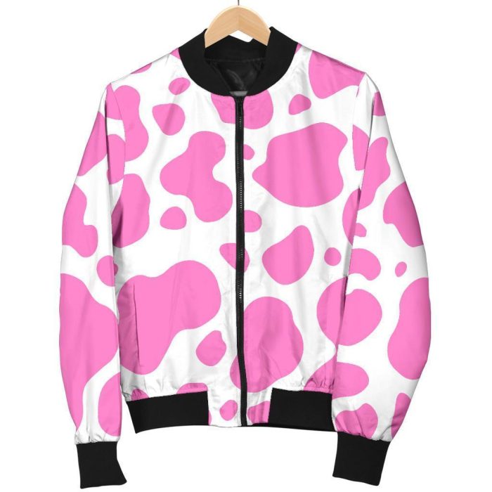 Pink And White Cow Print Bomber Jacket