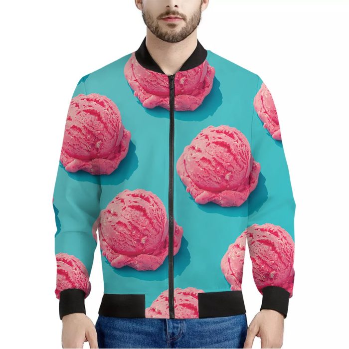 Pink Strawberry Ice Cream Print Bomber Jacket