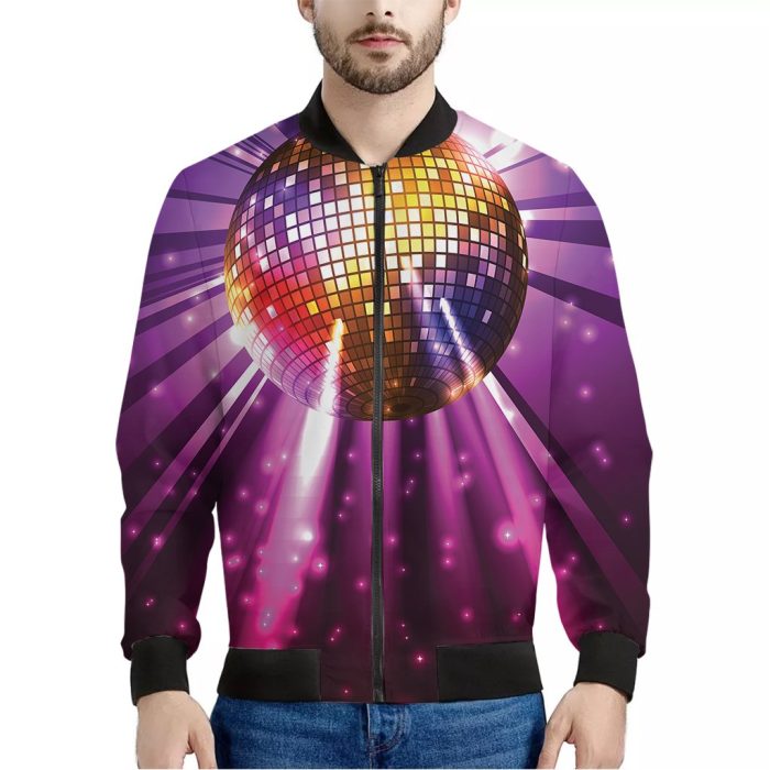 Purple Light Disco Ball Print Bomber Jacket